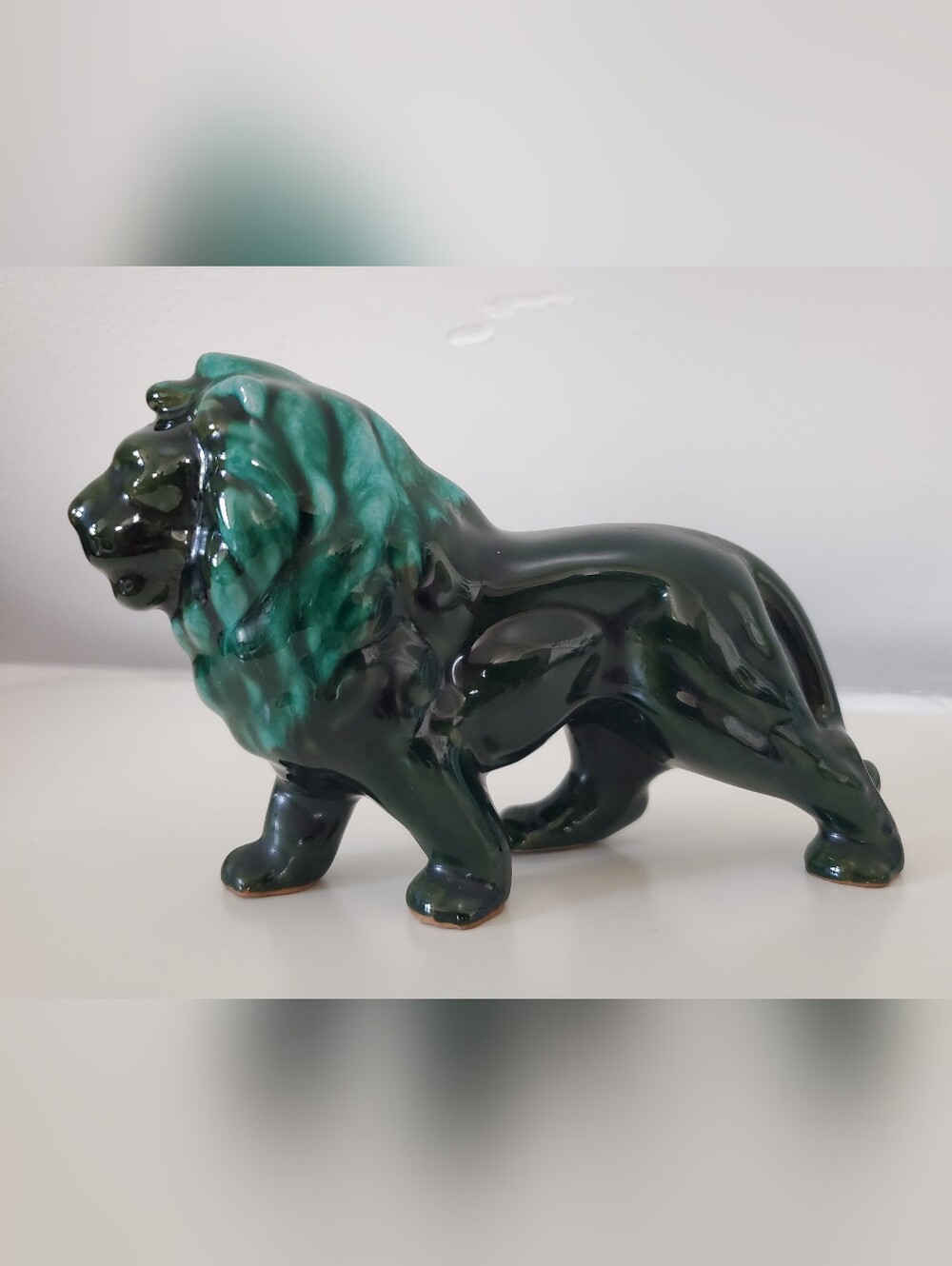 Vintage Blue Mountain Pottery Lion Figurine Large BMP Green Black Drip Glaze